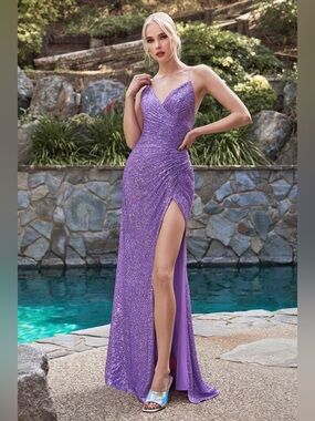 Cinderella Divine CH225 Fitted Thin Straps Sequin Dress in Lavender, Size Small